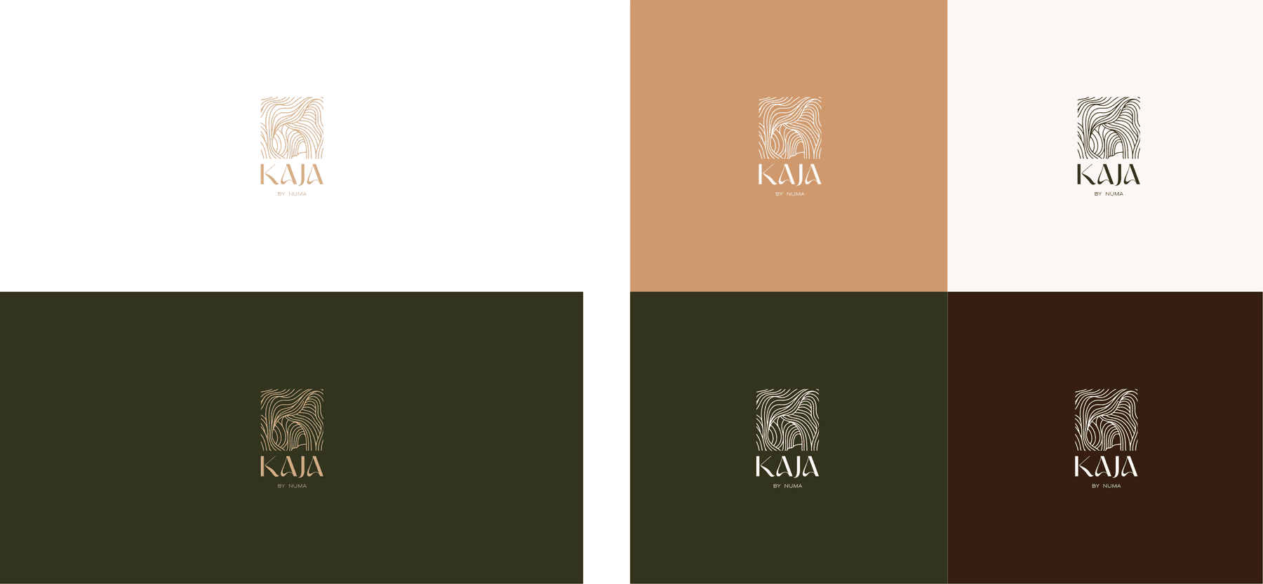 Approved colour combinations: the KAJA lockup on cream, clay, olive and dark brown grounds