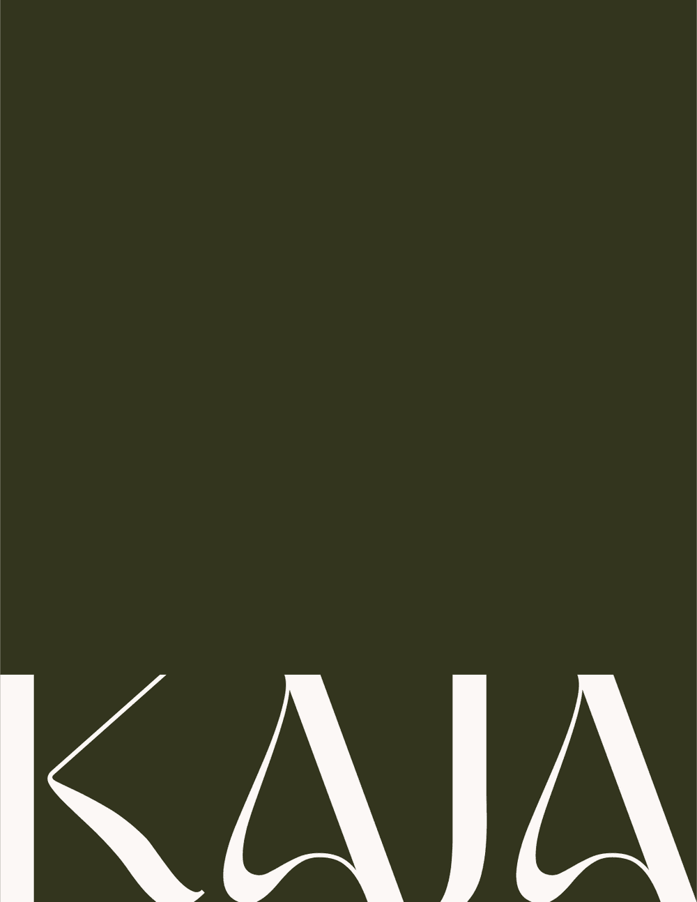 KAJA menu cover: the logotype cropped large, cream on olive