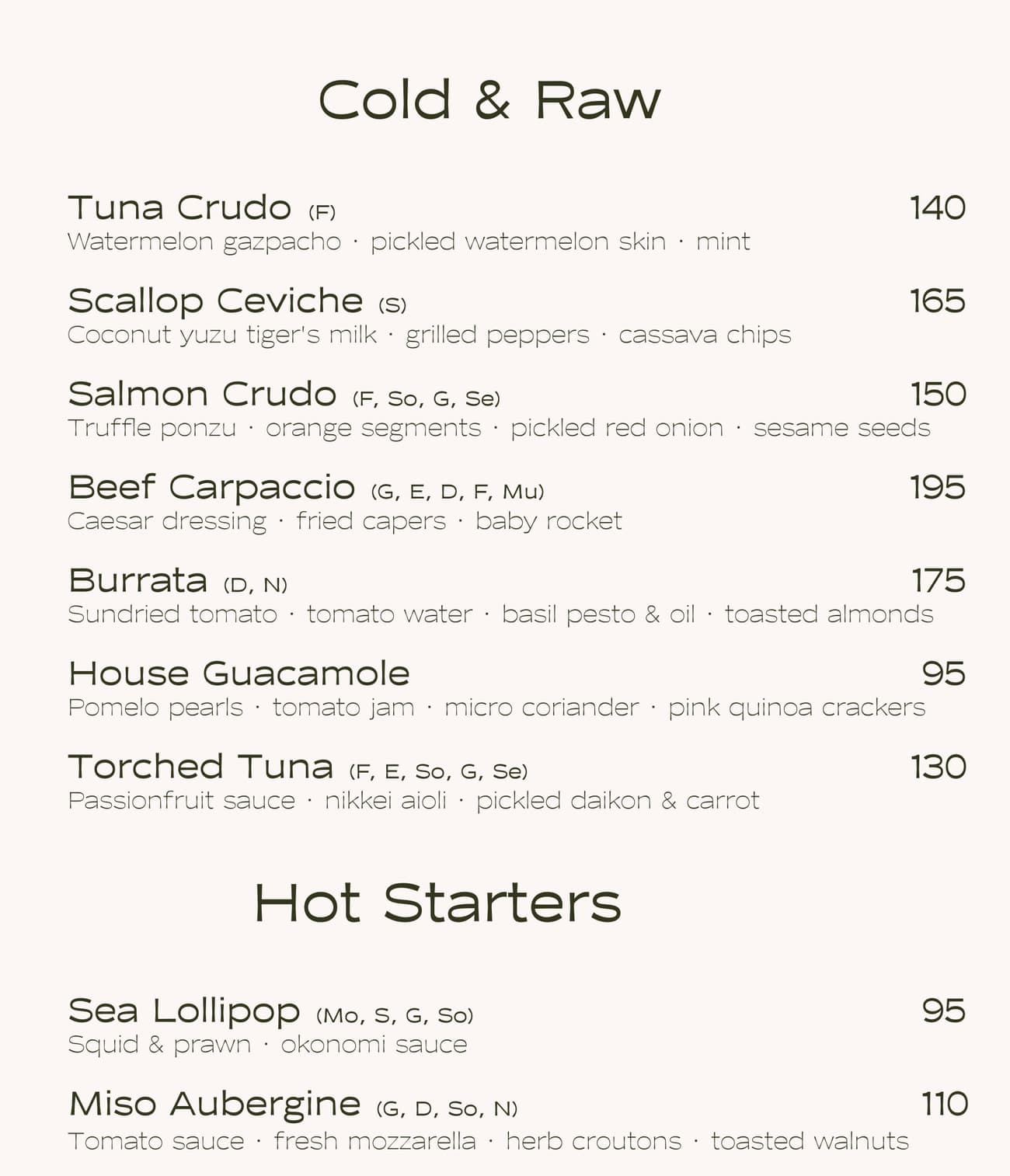 Close-up of the main menu: the Cold & Raw section set in Moche, with allergen codes and prices