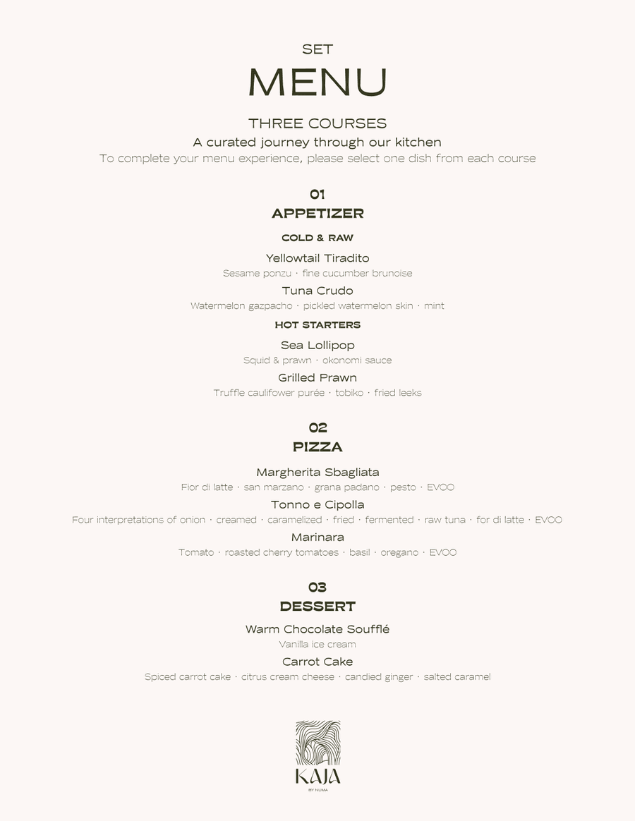 KAJA set menu: three courses, from appetiser to dessert