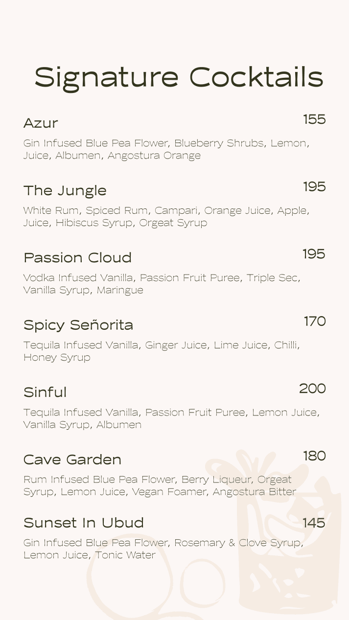 Story-format menu: Signature Cocktails