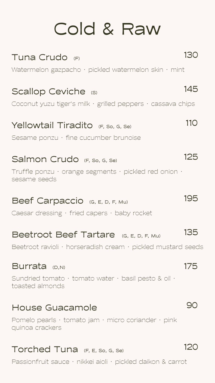 Story-format menu: Cold & Raw dishes with prices