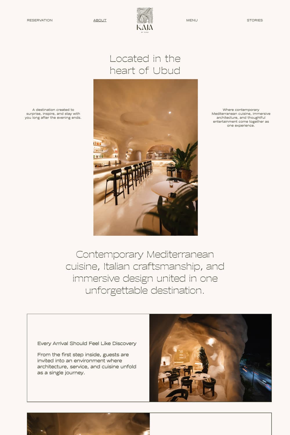 KAJA website About page: the dining room, the restaurant story and an introduction to the chef