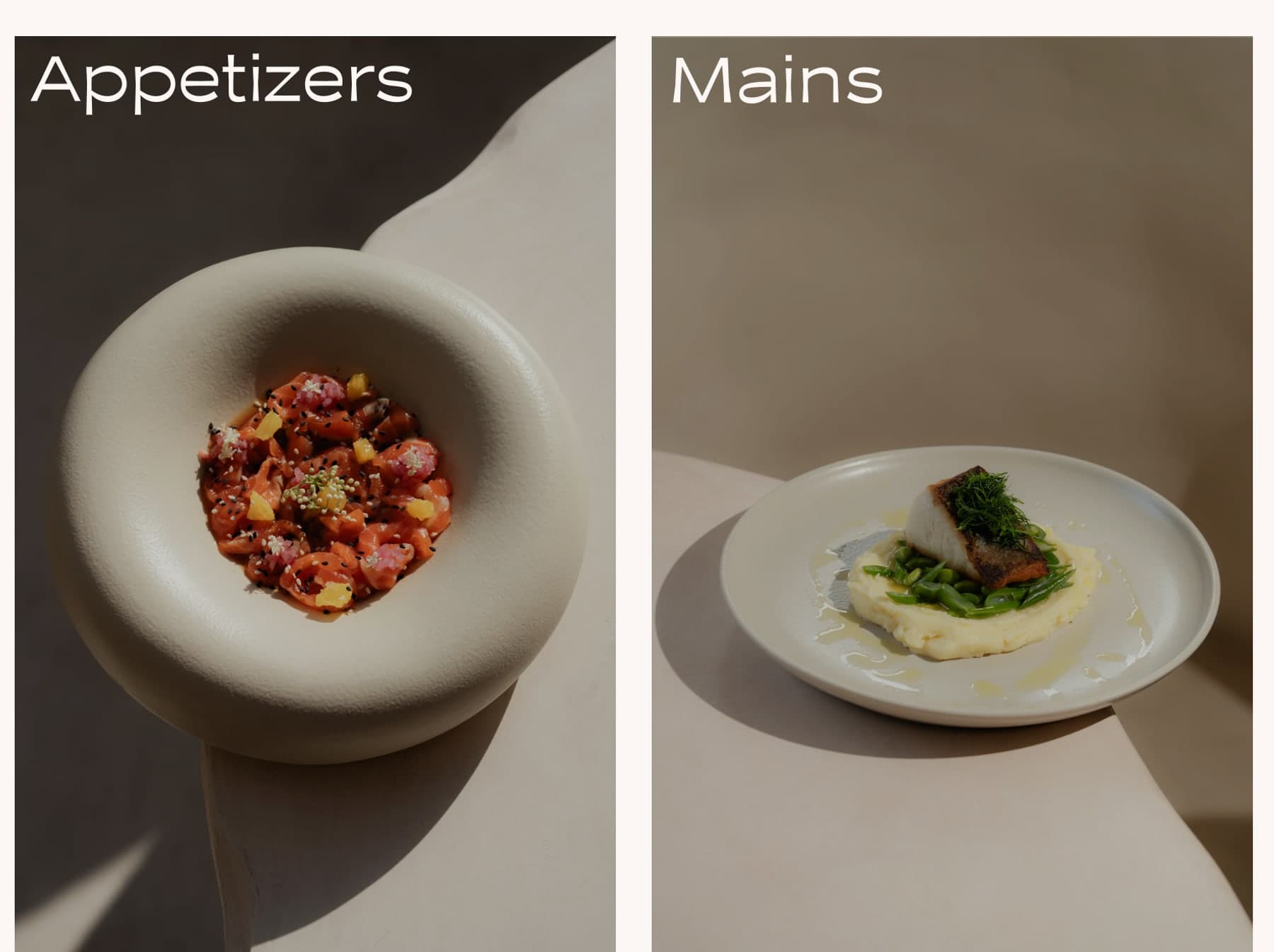 Detail of the website menu: Appetizers and Mains, each introduced by a dish photograph