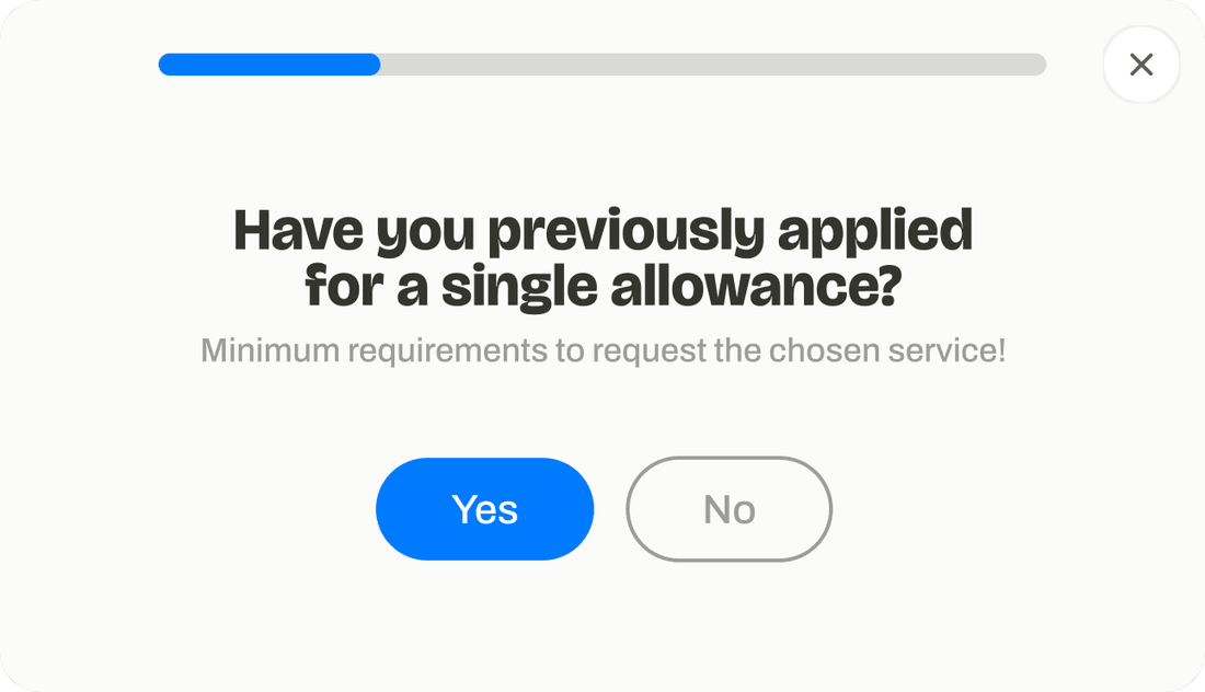 Question modal with a progress bar: "Have you previously applied for a single allowance?"