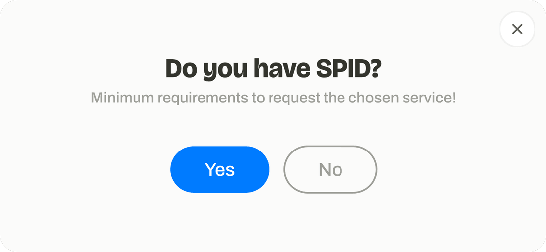 Question modal: "Do you have SPID?" with Yes and No buttons