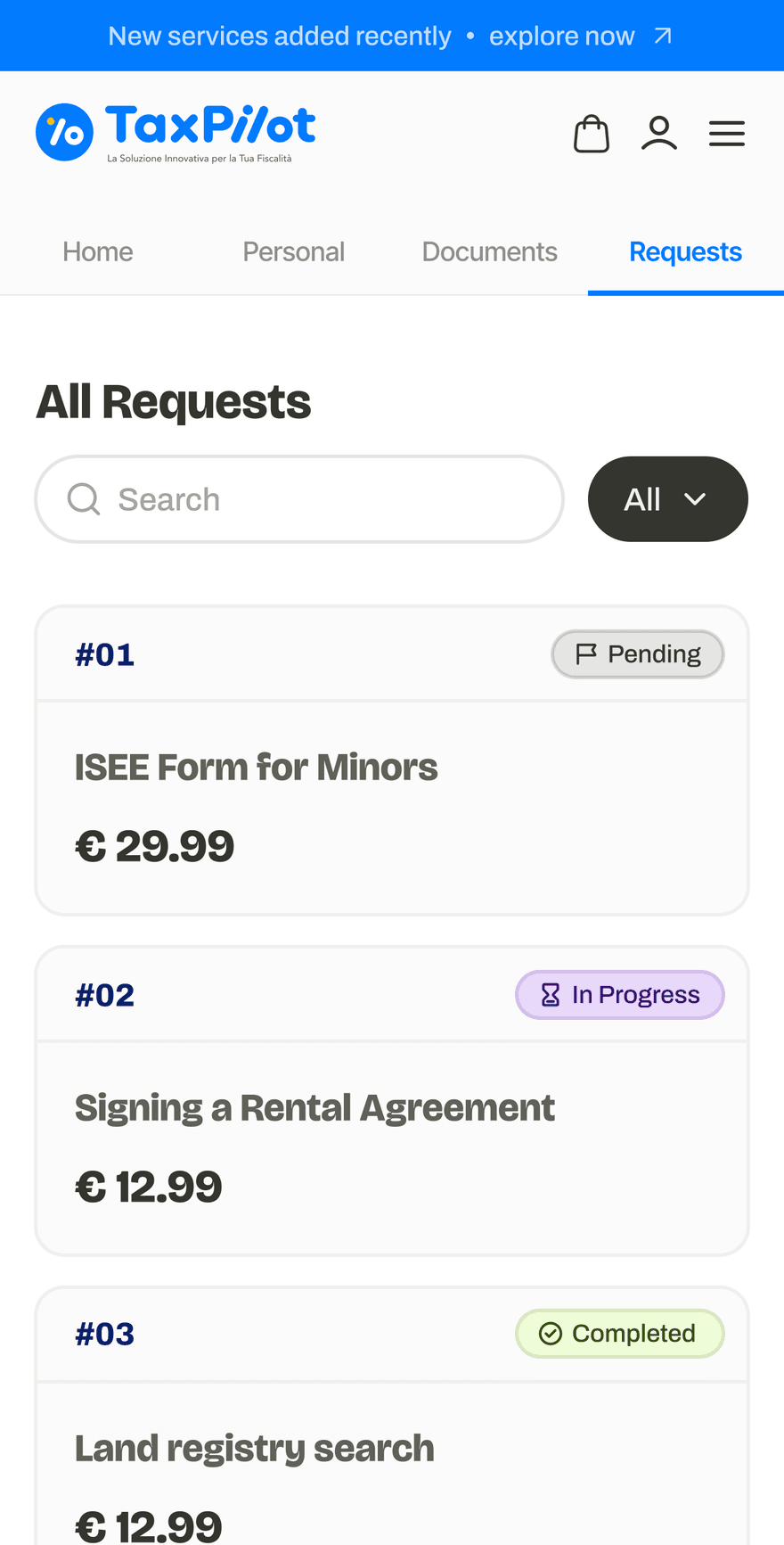 TaxPilot mobile panel, All Requests: cards numbered #01 to #03, each with a service, price and status label