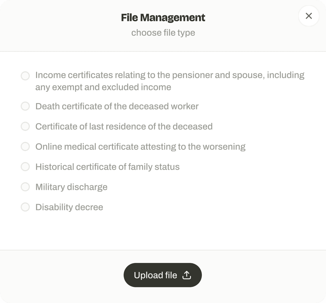 File Management modal: choose a file type, from income certificates to a disability decree, then Upload file