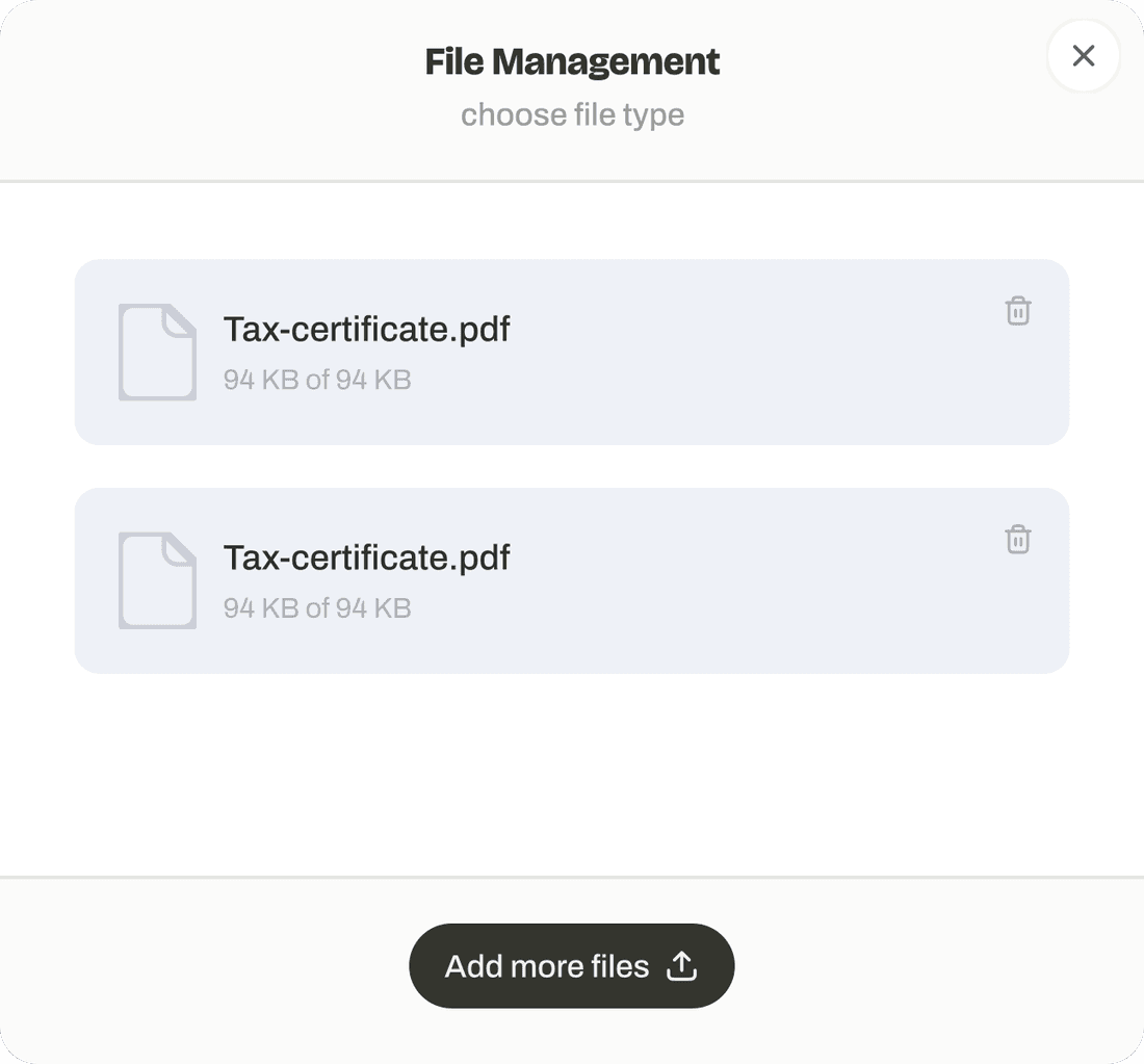 File Management modal after upload: two tax-certificate PDFs listed, with Add more files